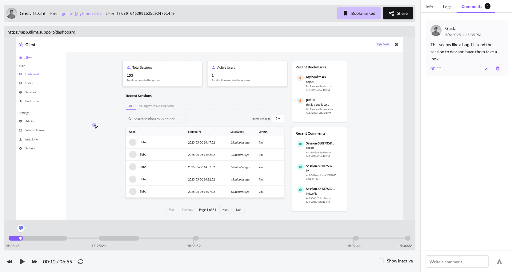 Glimt Session Dashboard Preview